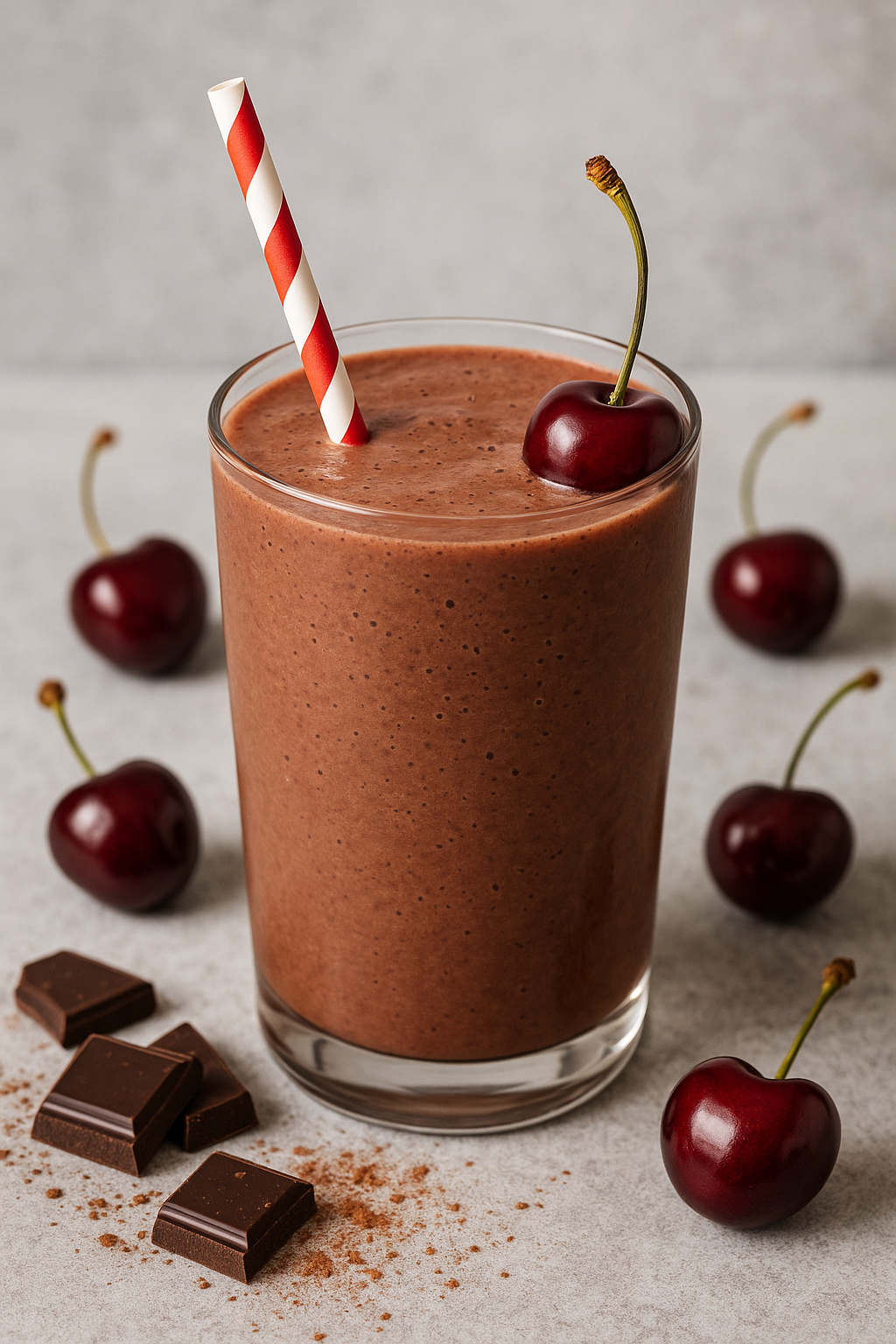 This is a photo of a glass filled with a chocolate smoothie.