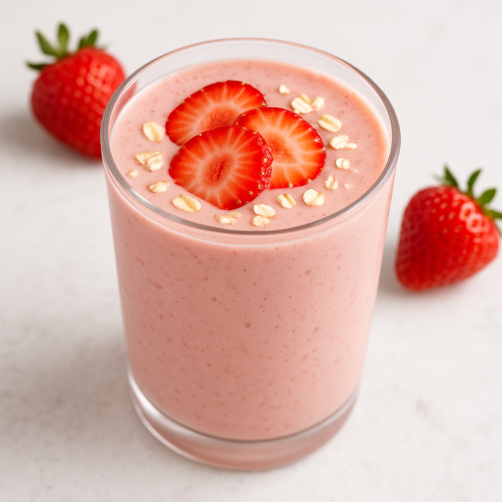 Pink Strawberries and Cream Smoothie in a clear glass, topped with fresh strawberry slices and oats, on a white countertop.