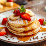 stack of fluffy cottage cheese pancakes with maple syrup. Topped with strawberries, banana, and powder sugar