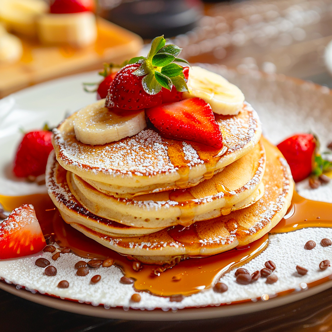 stack of fluffy cottage cheese pancakes with maple syrup. Topped with strawberries, banana, and powder sugar