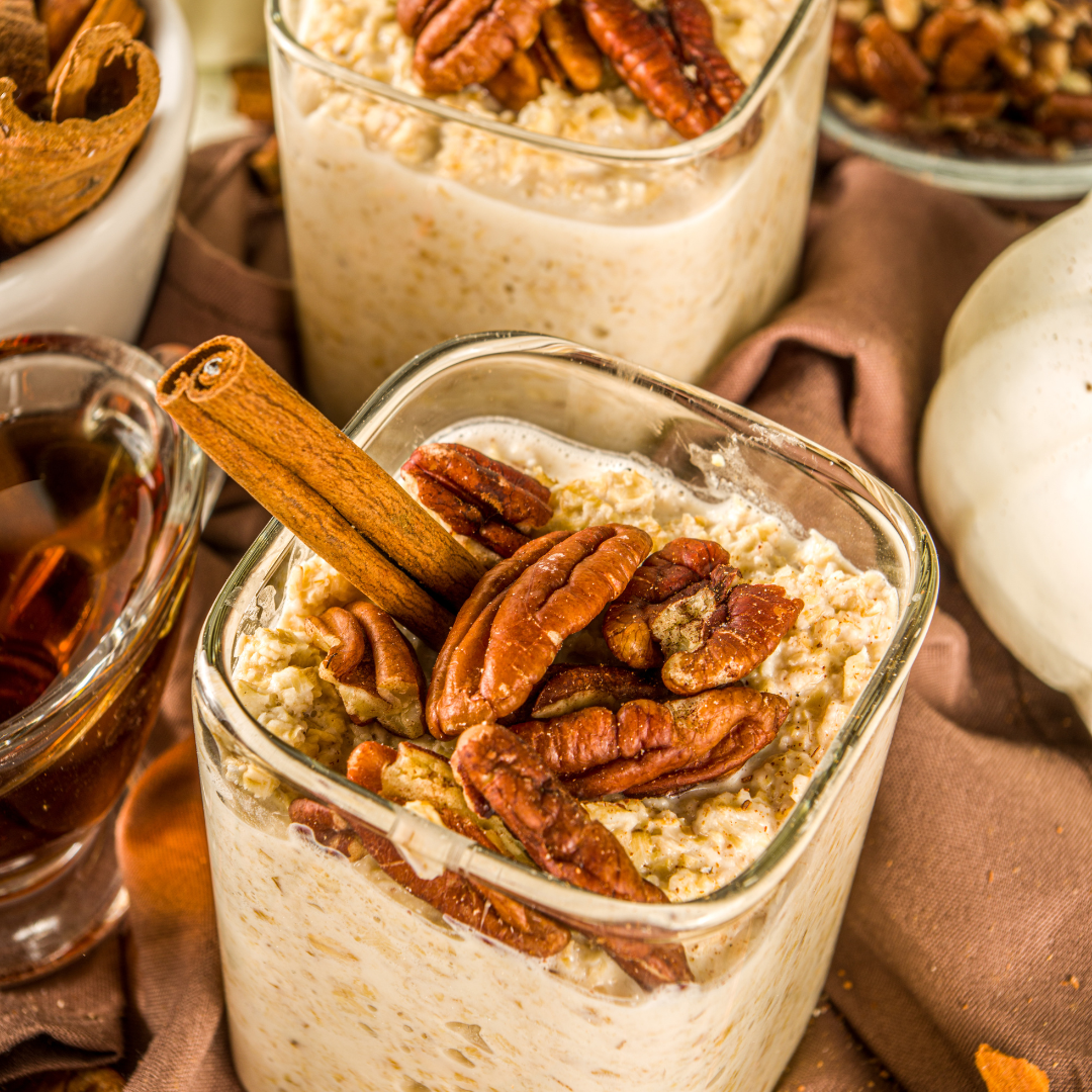 high-fiber pumpkin overnight oats in glass jar