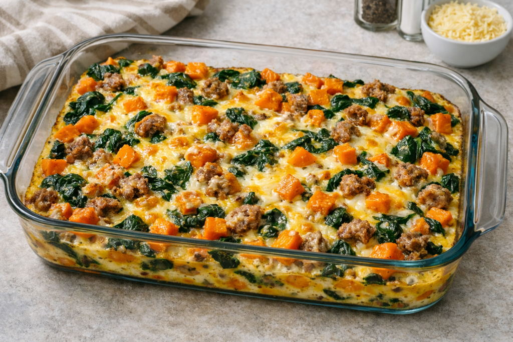 Egg bake with spinach, sweet potatoes, and turkey sausage in a clear glass 9×13 baking dish.