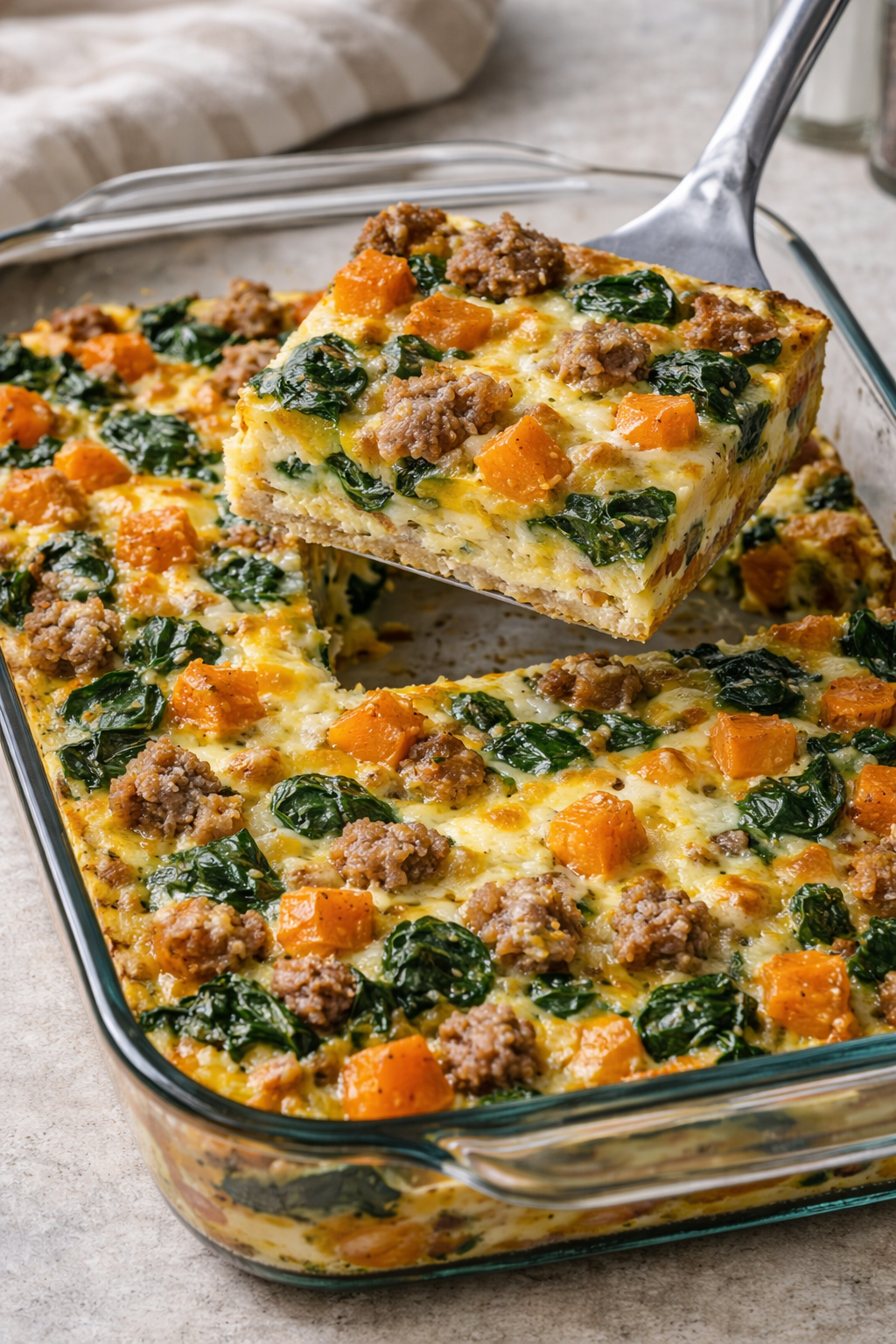 Egg bake with spinach, sweet potatoes, and turkey sausage in a clear glass 9×13 baking dish.